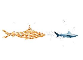 Big shark made of goldfishes attack a real shark. Concept of unity is strength, teamwork and partnership photo