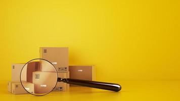 Pile of cardboard boxes on the floor on a yellow background with a magnifying glass photo