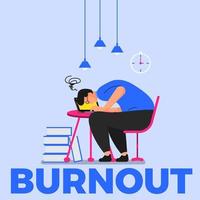 Burnout. Professional burnout syndrome. Tired man manager with full and low energy battery working on computer in workplace.Emotional burnout. A tired worker is sitting at the table. vector