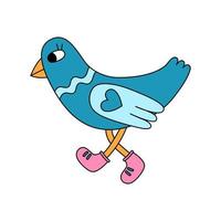 Retro 70s groovy blue bird walking in shoes. Dove, pigeon. Cartoon hippie isolated vector illustration