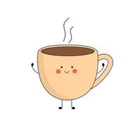 Cute coffee mug character with smiling face, hands and legs. Funny, happy cartoon mascot. Vector flat illustration