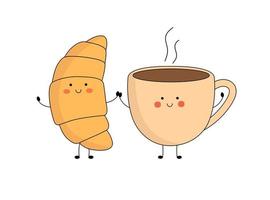 Cute croissant and coffee mug characters with smiling face, hands and legs. Funny, happy cartoon mascot. Vector flat illustration