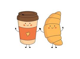 Cute croissant and paper coffee cup characters with smiling face, hands and legs. Funny, happy cartoon mascot. Vector flat illustration