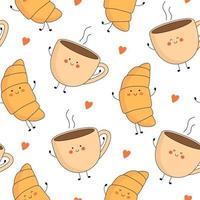 Seamless pattern with cute croissant and coffee mug characters with smiling face, hands and legs. Funny, happy cartoon mascot. Vector flat illustration