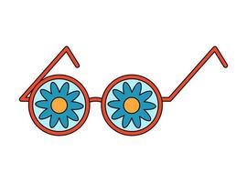 Retro 70s groovy sunglasses with flower reflection. Cartoon hippie isolated vector illustration