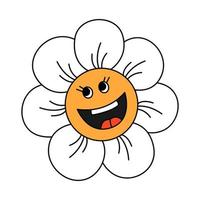 Retro 70s groovy smiling daisy flower character. Spring, summer flower. Cartoon hippie isolated vector illustration