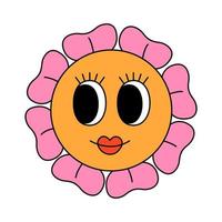 Retro 70s groovy smiling flower character with big eyes. Spring, summer flower. Cartoon hippie isolated vector illustration