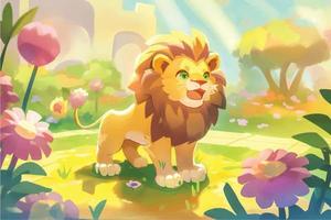 esta juguetón ilustración de un simpático león con un naturaleza antecedentes es Perfecto para niños. el encantador y accesible estilo de el león evoca un sentido de aventura, mientras el calmante naturaleza vector