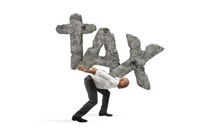 Businessman holds the word TAX made of rock photo