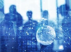 Businessmen that work together in office with global network connection effect. Concept of teamwork and partnership. double exposure photo