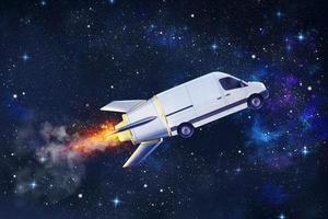 Super fast delivery of package service with flying van like a rocket photo