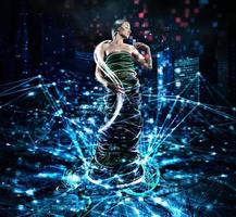 Concept of internet connection and technology with a woman surrounded by cables photo
