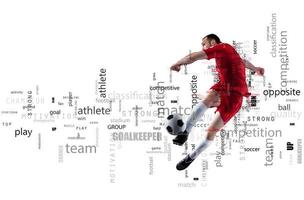 Football scene of a soccer player in action. Text effect in overlay with the most used terms. Abstract background photo