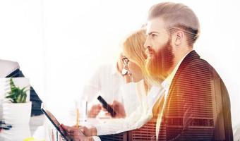 Businessman in office connected to internet network. concept of startup company. double exposure photo
