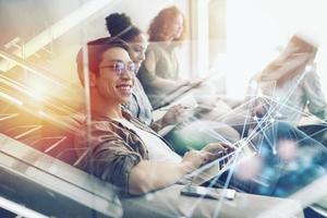 Businessman in office connected on internet network. concept of startup company. Double exposure photo