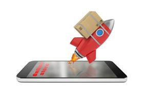 Smartphone with a rocket that exit from screen. concept of fast internet delivery photo