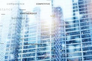 Internet network background with most important business terms. Double exposure photo