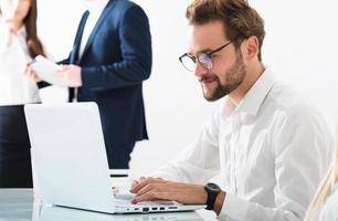 Businessman in office connected on internet network. concept of startup company photo