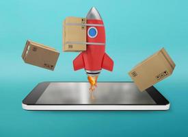 Smartphone with a rocket that exit from screen. concept of fast internet delivery. 3D illustration photo