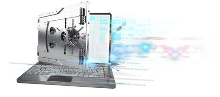 seguro en un ordenador portátil. concepto de hackear y datos seguridad sistema. 3d representación foto