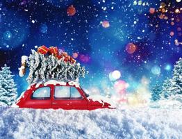 Vintage car with Christmas tree and presents with night light. 3d rendering photo