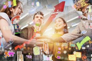 Business person put their hands together. Sketch of a project in overlay. Concept of teamwork, agreement and partnership. Double exposure photo