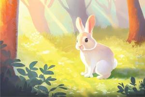 Hop into Fun with this Adorable Vector Rabbit Illustration. Surrounded by Lush Greenery, Trees, and Blooming Flowers, Perfect for Children's Books, Nature Themed Designs, and Springtime Projects