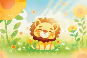 esta juguetón ilustración de un simpático león con un naturaleza antecedentes es Perfecto para niños. el encantador y accesible estilo de el león evoca un sentido de aventura, mientras el calmante naturaleza vector