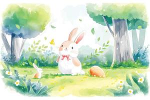 salto dentro divertido con esta adorable vector Conejo ilustración. rodeado por lozano verdor, árboles, y floreciente flores, Perfecto para para niños libros, naturaleza temática diseños, y primavera proyectos