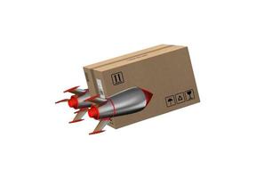 Carton box flies fast with rocket. concept of express and priority delivery. 3d render photo