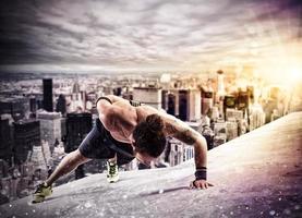 Workout above the roof of a building in the city photo