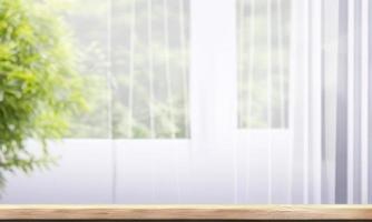 wooden table top on blurred background of half curtained window photo