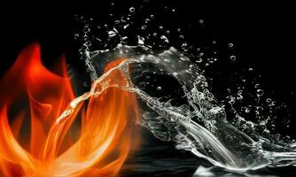 fire flames and water splash on black background photo