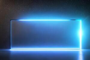 Bright blue rectangle standing neon light backdrop and background. photo