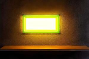 Bright yellow rectangle neon frame at the wall backdrop and background. photo