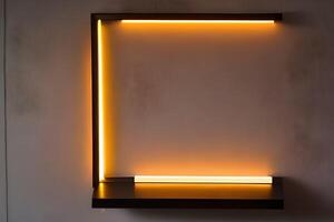 Bright yellow rectangle neon frame at the wall backdrop and background. photo