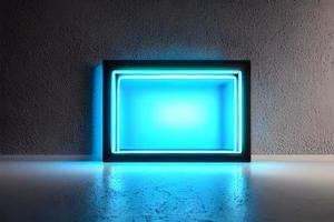 Bright blue rectangle standing neon light backdrop and background. photo