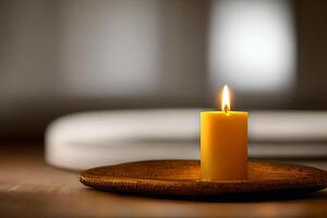 A captivating close up of a white candle capture the essence of relaxation, peace, elegance and grace for wedding, invitations, spiritual or religious project, including home decor, or any occasion. photo