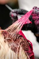 Hair stylist dying hair of woman with pink dye photo