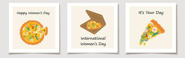 International Women's Day. A set of greeting cards with Pizza with different flowers. Spring pizza vector