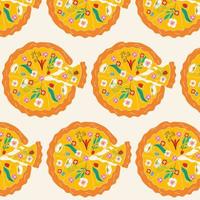 Seamless pattern with Pizza with different flowers. Spring pizza. Hand drawn vector illustration