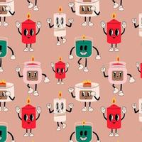 Seamless pattern with Candle 30s cartoon mascot character 40s, 50s, 60s old animation style. vector