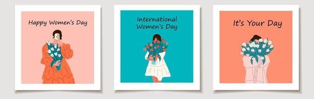 internacional De las mujeres día. un conjunto de saludo tarjetas con mujer es participación un ramo de flores de tulipanes feminidad, feminismo, prosperidad y yo amor concepto. vector