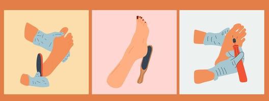 conjunto de Tres ilustración de mujer teniendo peladura pies para su pies en belleza salón vector