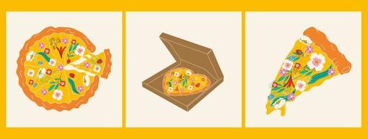 Set of three Pizza with different flowers. Spring pizza. Hand drawn vector illustration.