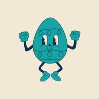 Retro easter egg mascot. Cute character in trendy retro 60s 70s cartoon style. Vector hand drawn illustration