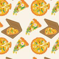 Seamless pattern with Pizza with different flowers. Spring pizza. Hand drawn vector illustration