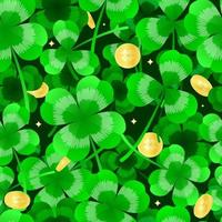 Happy St. Patrick's day seamless pattern background with green shamrock leaves, gold coin. Element design. Realistic clover vector illustration. Wrapping paper design.