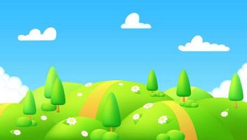 Spring background. Green meadow with chamomile flowers, trees. Cartoon illustration of beautiful summer valley landscape with blue sky. Children's game area. 3d horizontal scene vibrant green hills. vector