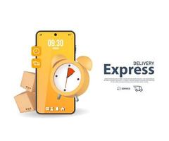 3D Online Express Delivery. Fast respond delivery package shipping on mobile. Vector illustration